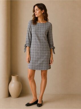 Max Studio Plaid Black & White Herringbone 3/4 Sleeve Shift Dress Size Medium